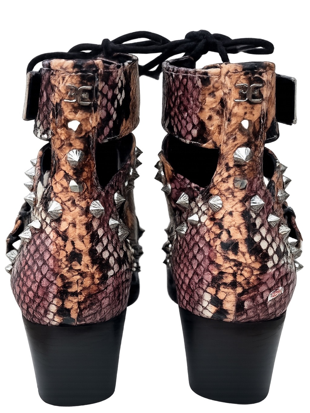 Sam Edelman Elana Snakeskin Print Cutout Lace-Up Studded Ankle Boots Block Heel - Picture 5 of 15
